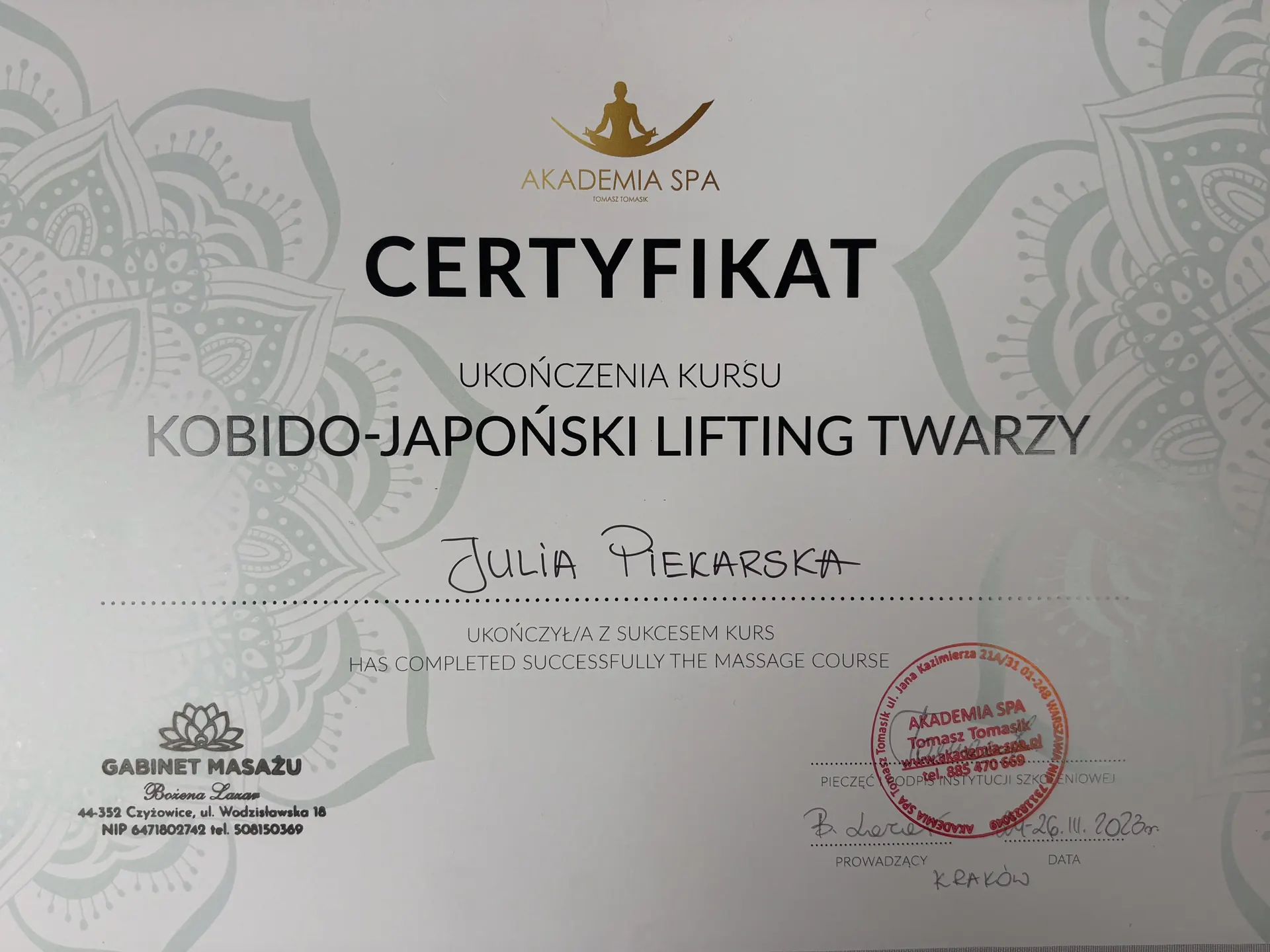 Certificate — Kobido Japanese Face Lifting Massage course, Akademia SPA, Kraków 2023 — Julia Piekarska
